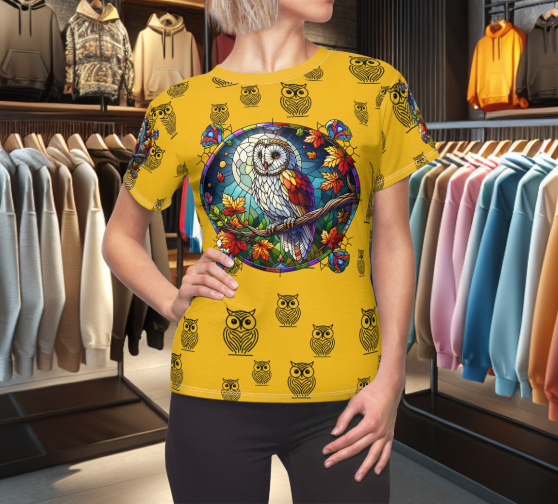 Orange Graphic Women's Tee - stain glass Owl on a branch