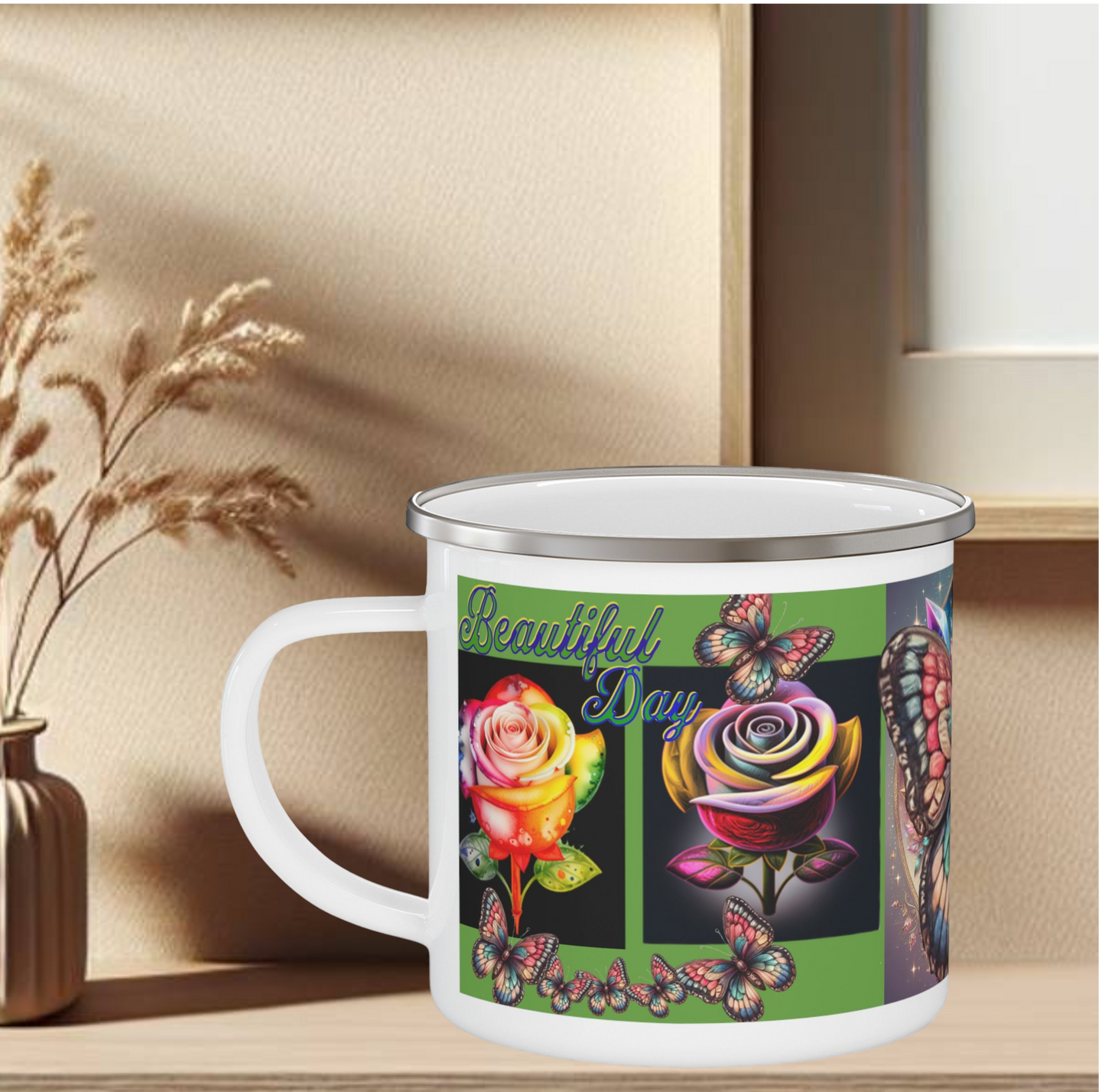 Enamel Mug Pink - Butterflys & Roses Camping Mug Gift for Nature Lovers and Outdoor Enthusiasts
