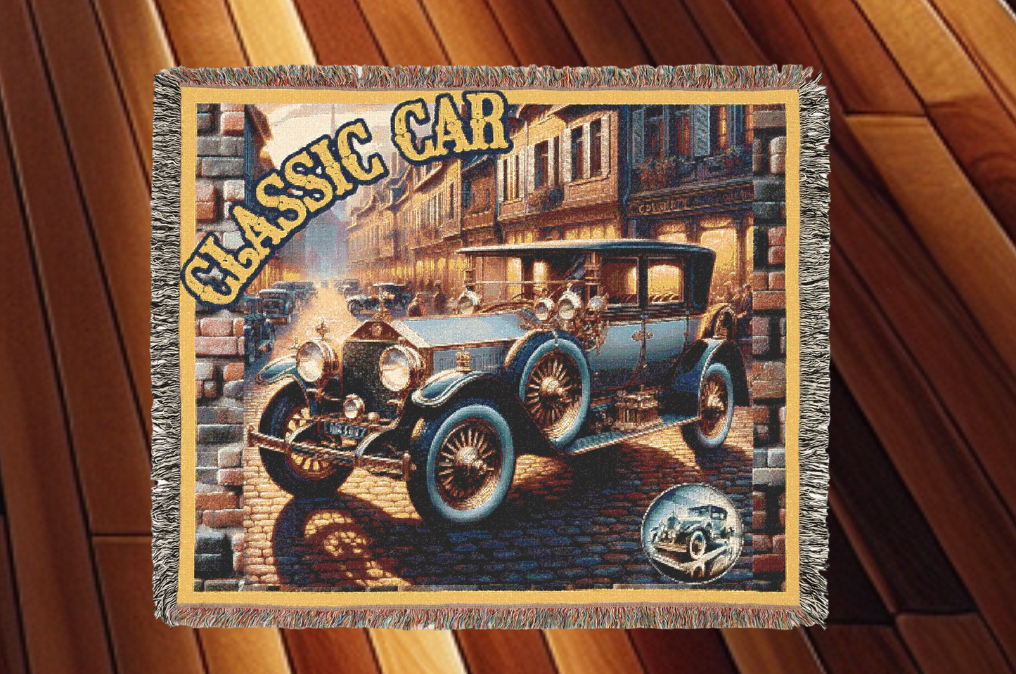 Blanket 80"x60", 60"x50", 52"x37"- Classic Blue Car Woven Blanket w/ Fringe