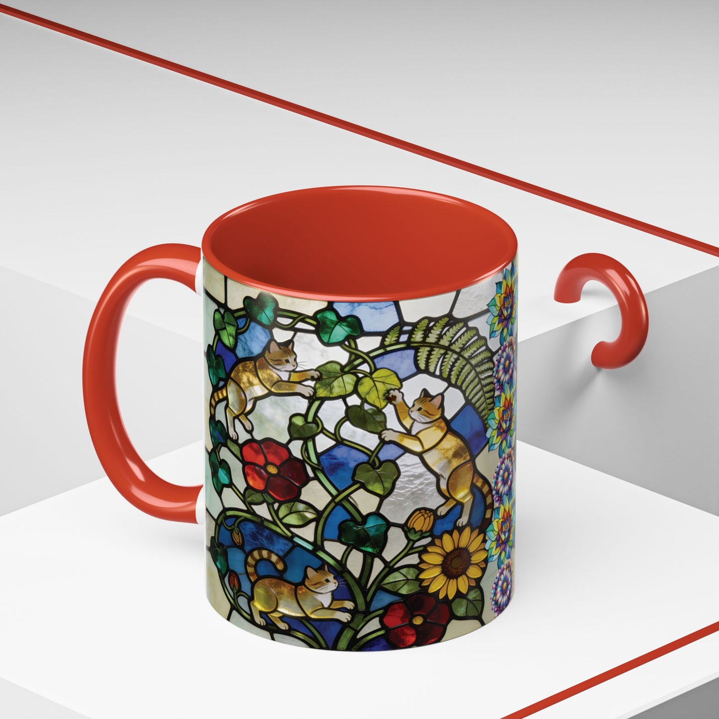 Stained Glass Cats Accent Coffee Mug – Floral Tiffany-Style 11/15oz