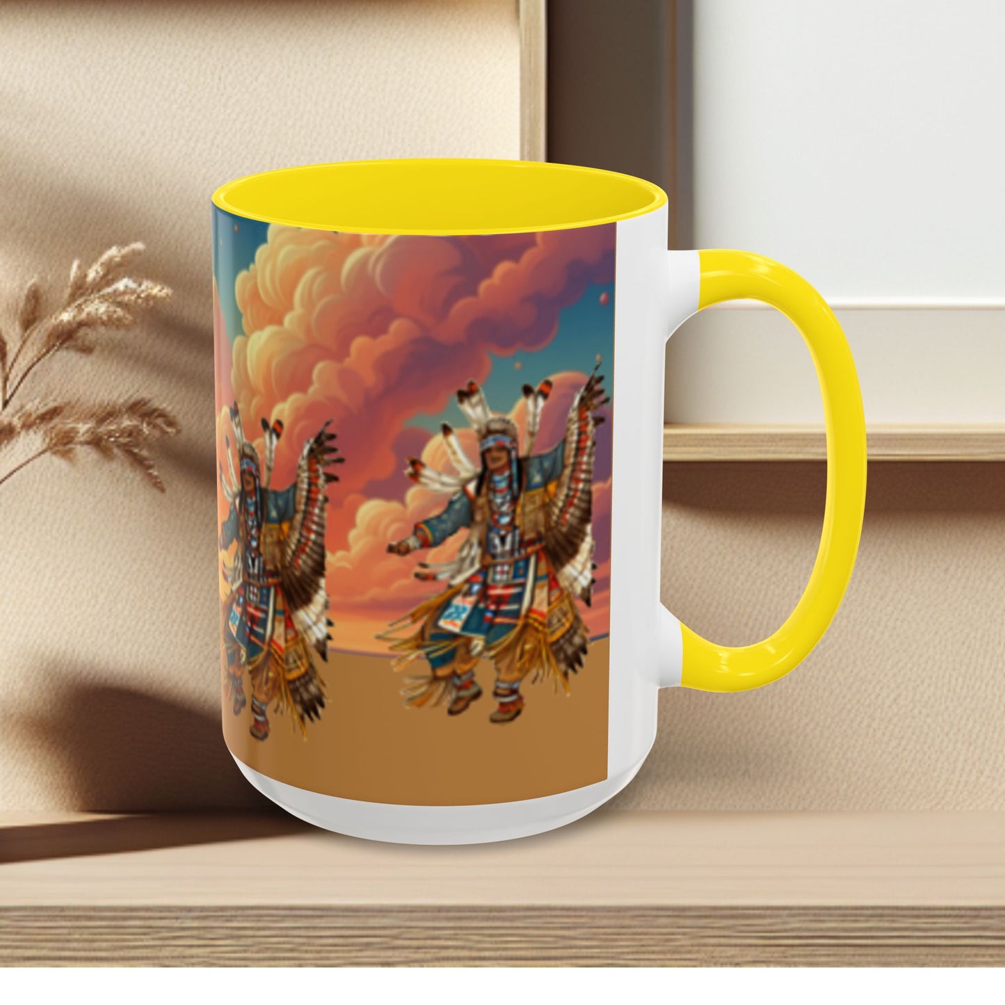 Sunset Powwow Ceramic Mug — Native American Dancer Accent Coffee Mug (11/15oz)