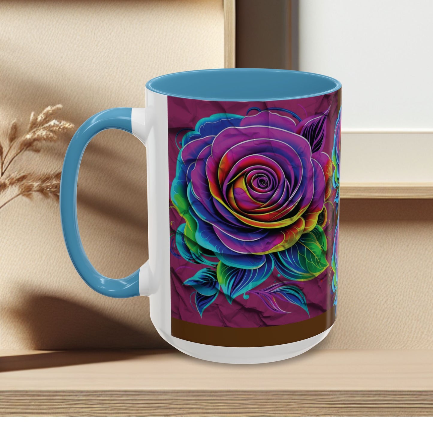 Rainbow Rose Accent Coffee Mug — Colorful Floral 11/15oz