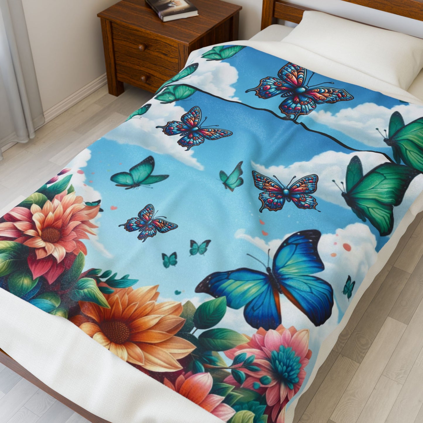 Butterfly Garden Velveteen Plush Blanket — Floral Blue Sky Cozy Throw for Women & Kids