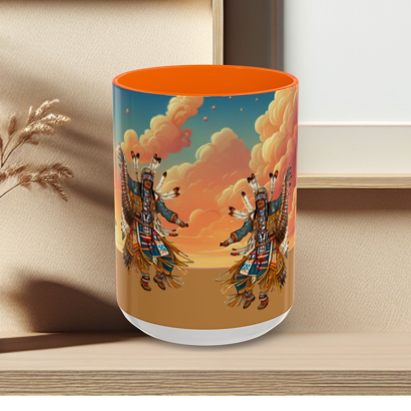 Sunset Powwow Ceramic Mug — Native American Dancer Accent Coffee Mug (11/15oz)