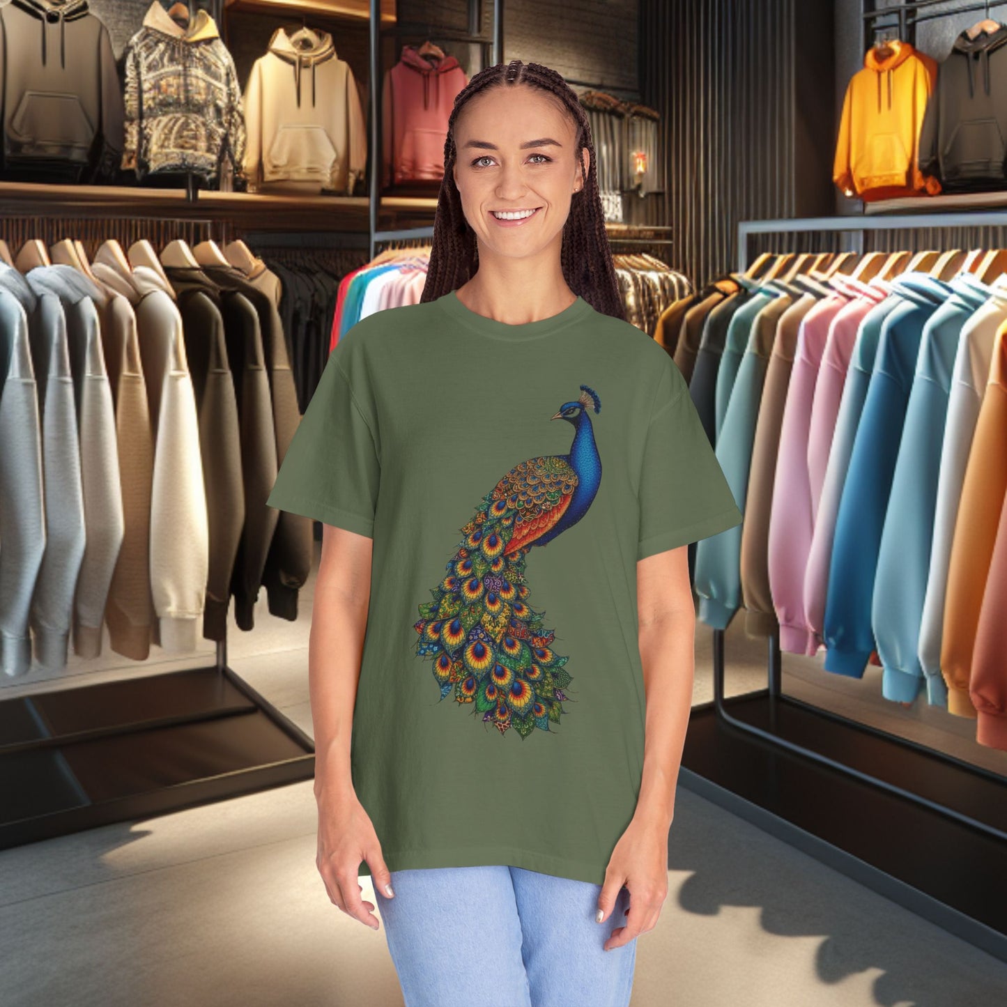 Patchwork Peacock, Garment-Dyed T-Shirt — pho Patchwork Festive Top