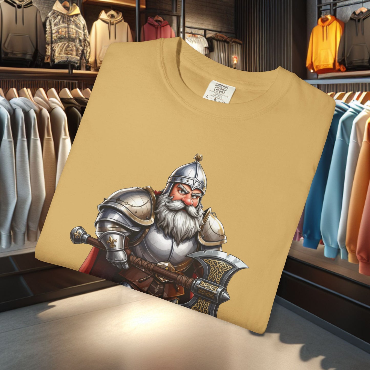 Dwarf Adventurer Tee — Dwarf with Armor and Battle Axe Graphic T-Shirt
