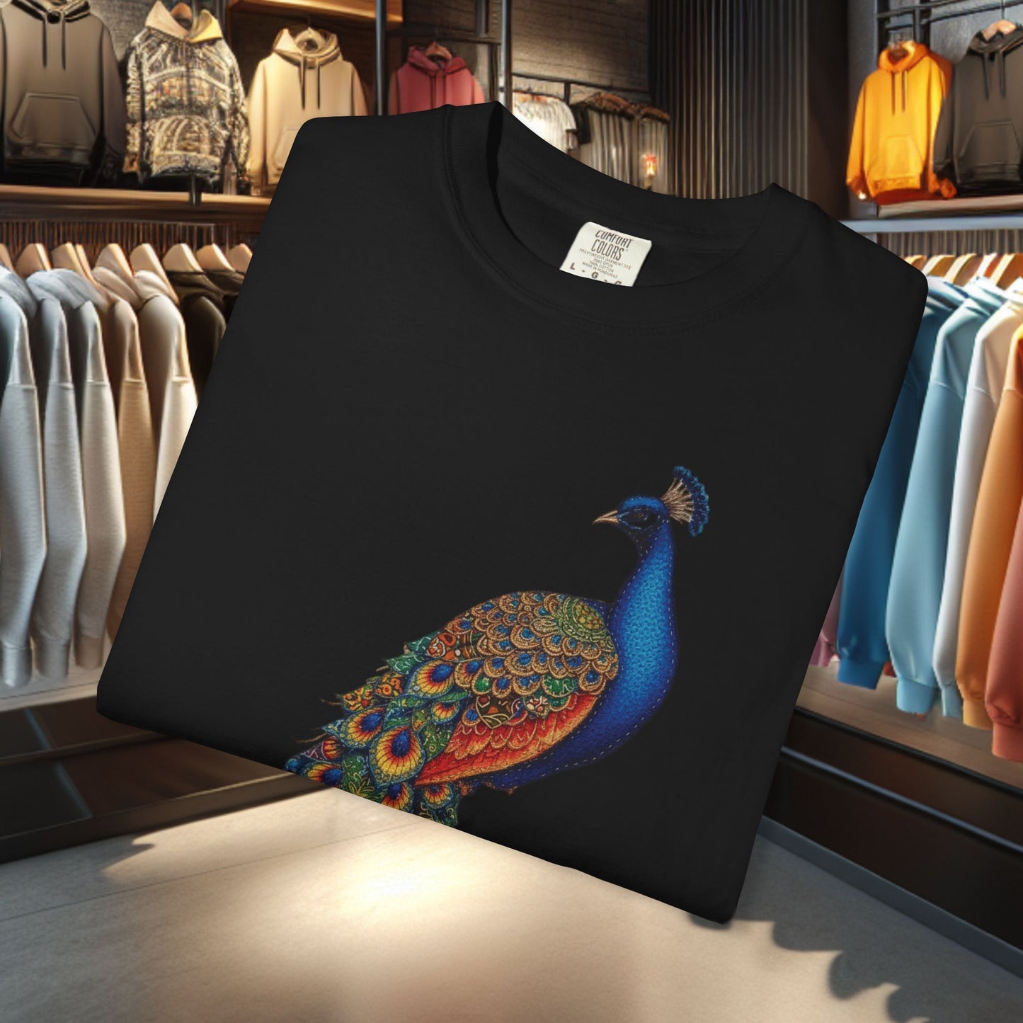 Patchwork Peacock, Garment-Dyed T-Shirt — pho Patchwork Festive Top
