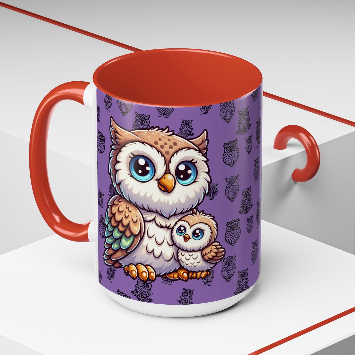 Purple Coffee Mug - Owl Family - Colorful Inspirational Owl Design