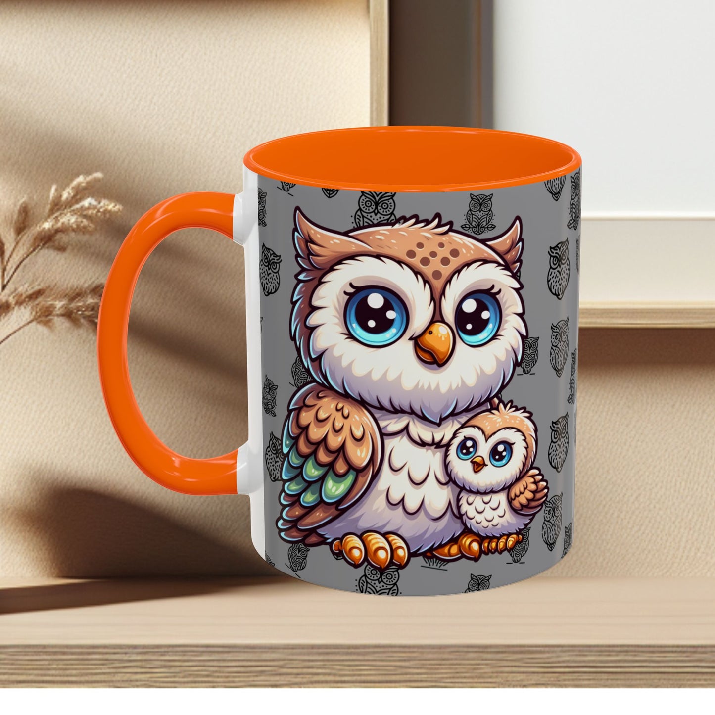 Gray Coffee Mug - Owl Family - Colorful Inspirational Owl Design