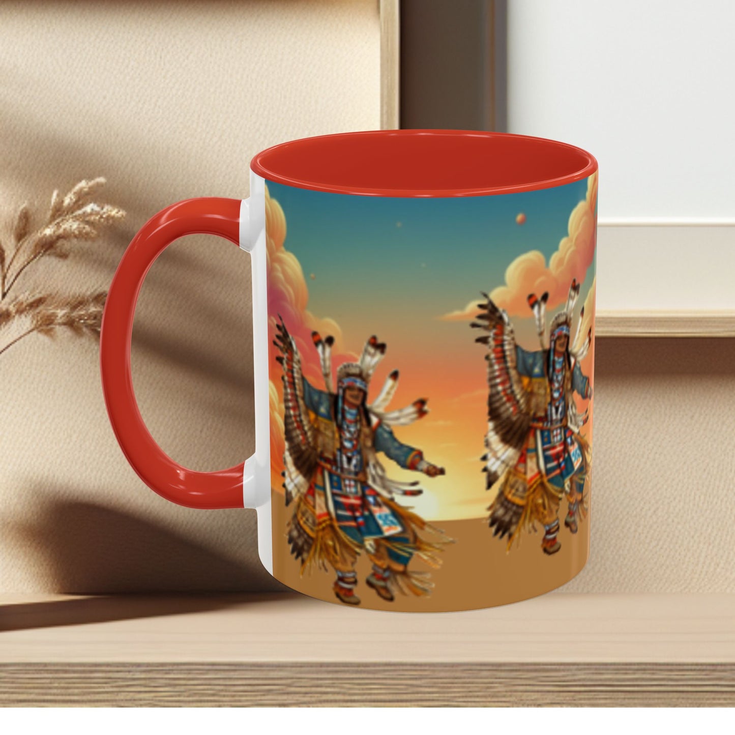 Sunset Powwow Ceramic Mug — Native American Dancer Accent Coffee Mug (11/15oz)