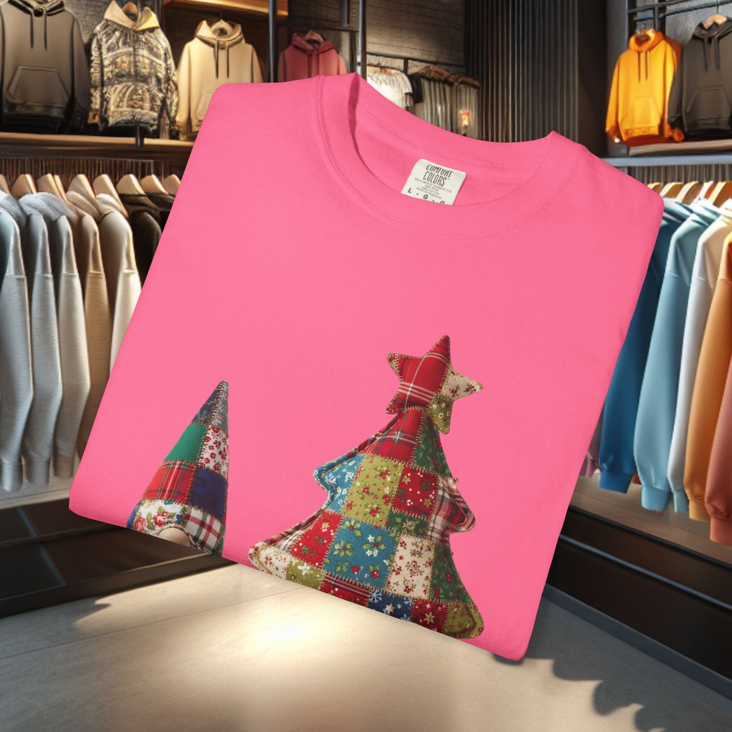 Patchwork Gnome and Christmas Tree, Garment-Dyed T-Shirt — pho Patchwork Festive Top