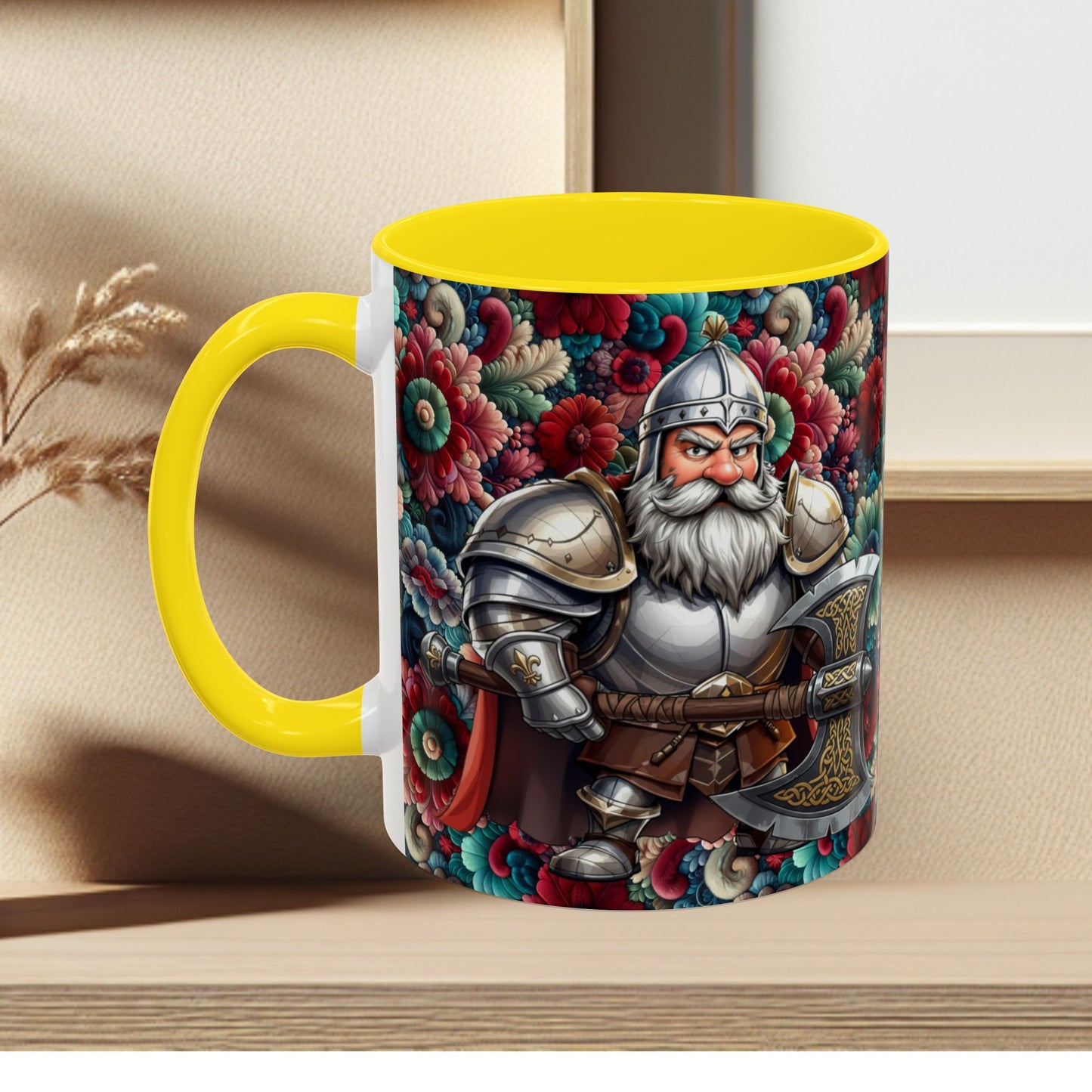 Adventurers Accent Coffee Mug — Dwarf within Armor with a Double-Bladed Battle Axe Design (11/15oz)