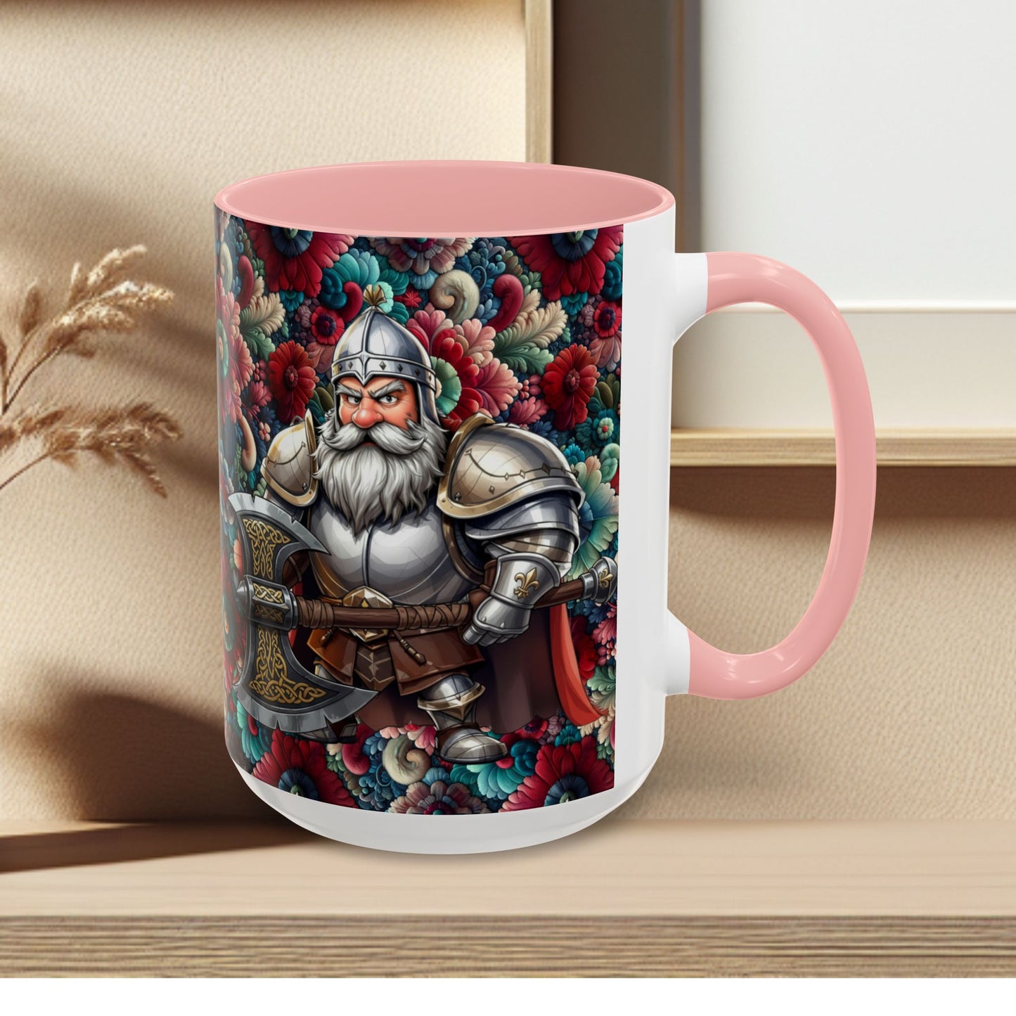 Adventurers Accent Coffee Mug — Dwarf within Armor with a Double-Bladed Battle Axe Design (11/15oz)
