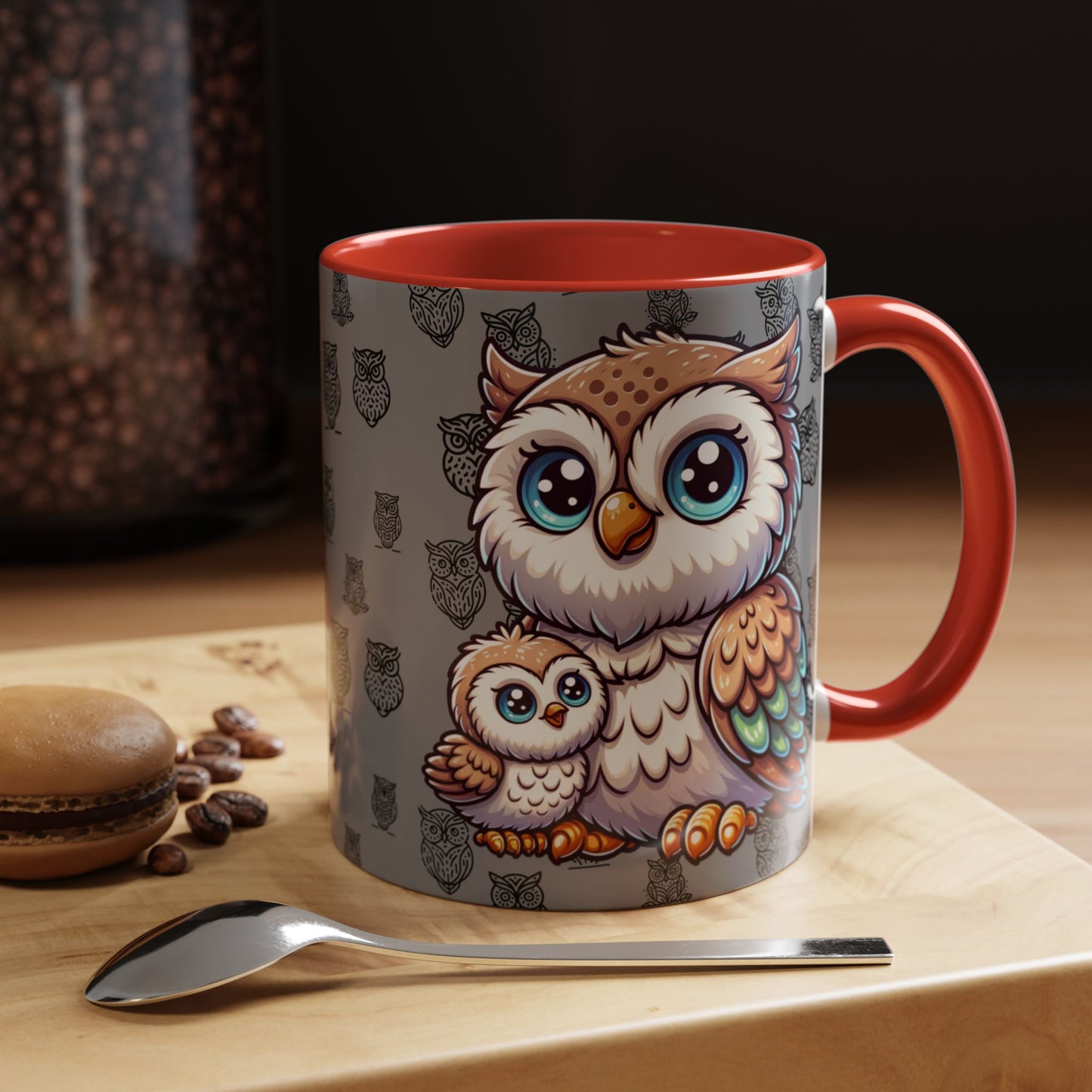 Gray Coffee Mug - Owl Family - Colorful Inspirational Owl Design