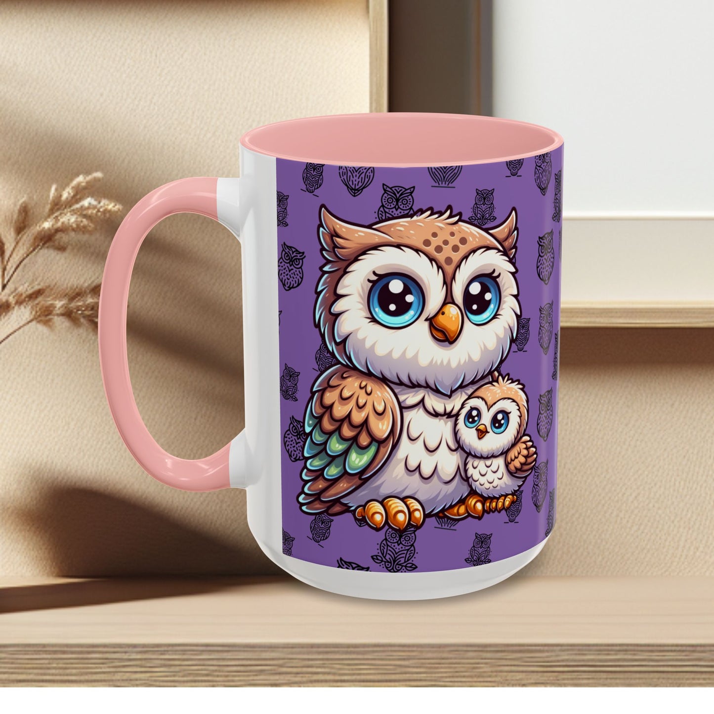 Purple Coffee Mug - Owl Family - Colorful Inspirational Owl Design