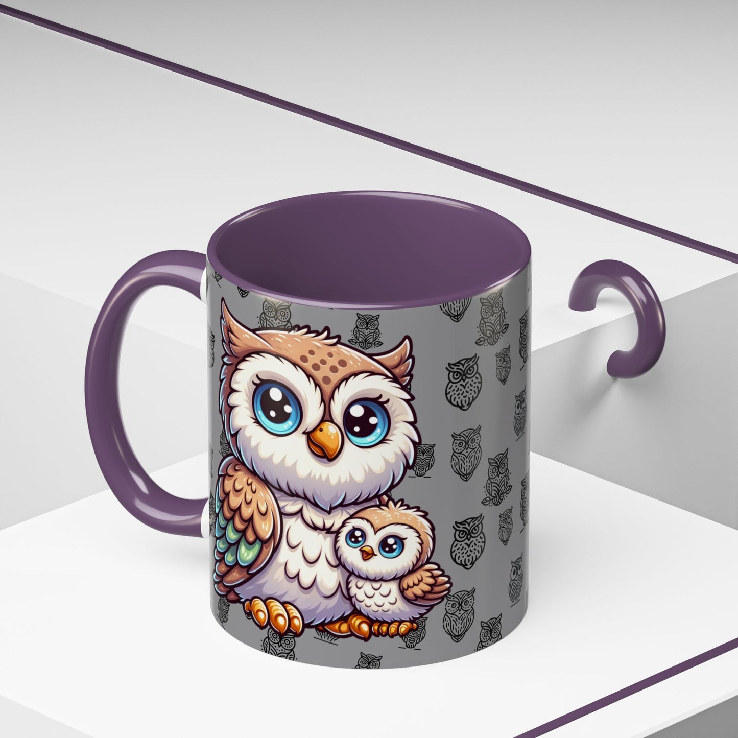 Gray Coffee Mug - Owl Family - Colorful Inspirational Owl Design