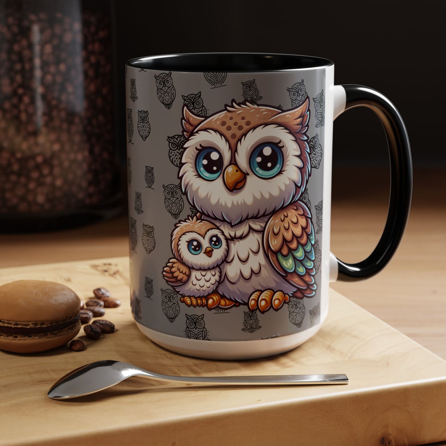Gray Coffee Mug - Owl Family - Colorful Inspirational Owl Design