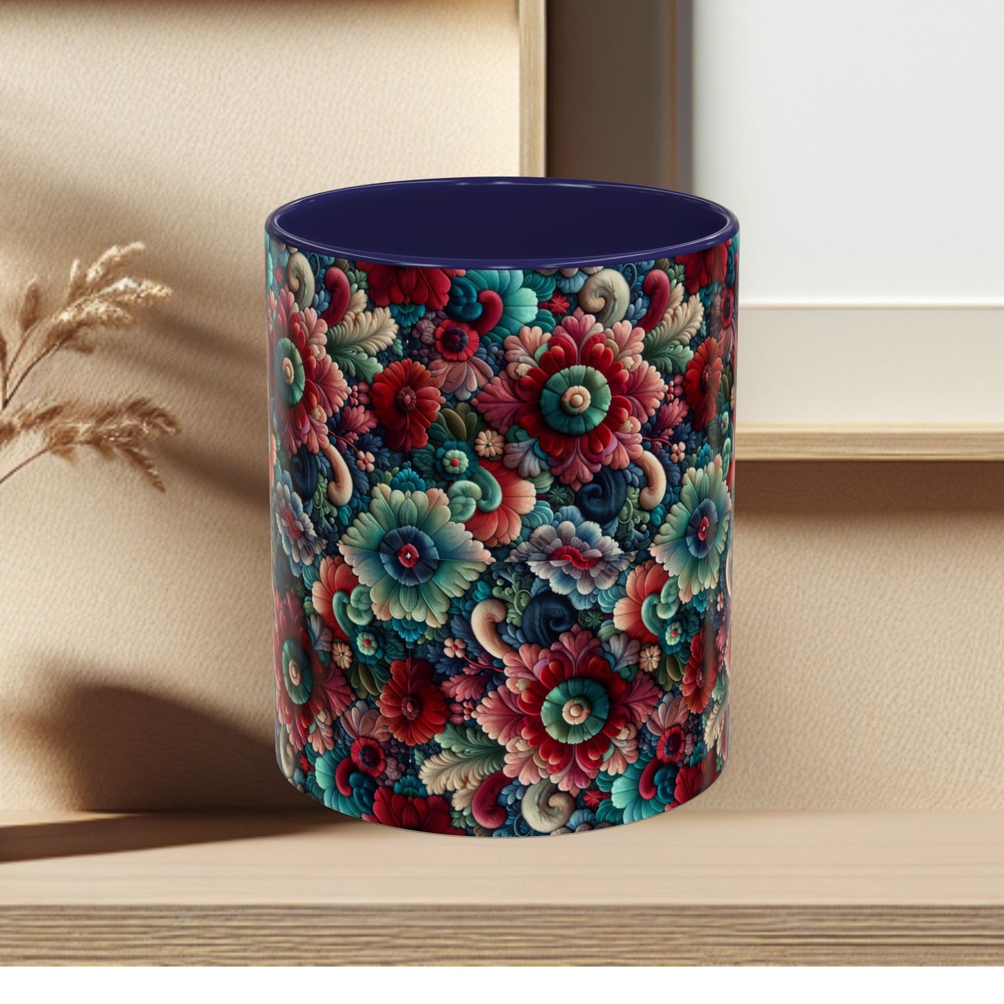 Beautiful Floral Pattern Accent Coffee Mug — Vibrant Vintage Bloom Design (11/15oz)