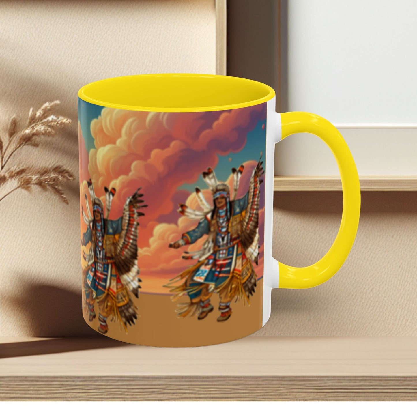 Sunset Powwow Ceramic Mug — Native American Dancer Accent Coffee Mug (11/15oz)