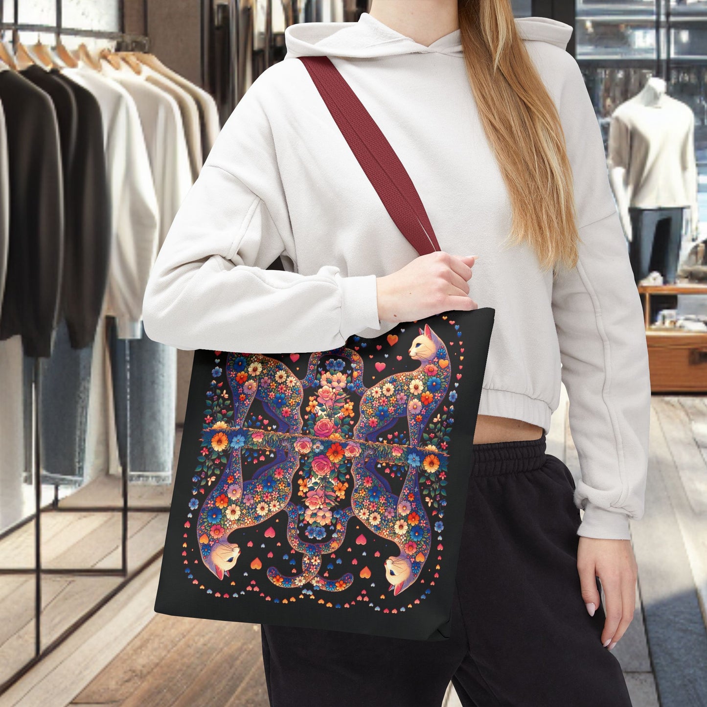 Mosaic Loving Cat Black Tote Bag (AOP)