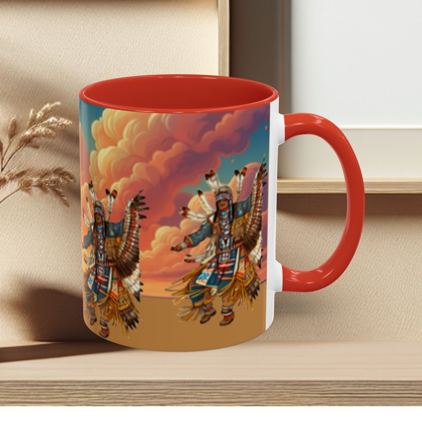 Sunset Powwow Ceramic Mug — Native American Dancer Accent Coffee Mug (11/15oz)