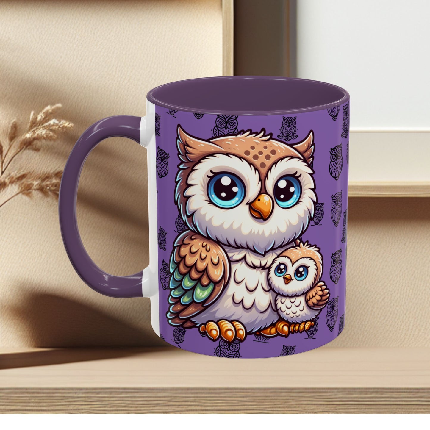 Purple Coffee Mug - Owl Family - Colorful Inspirational Owl Design