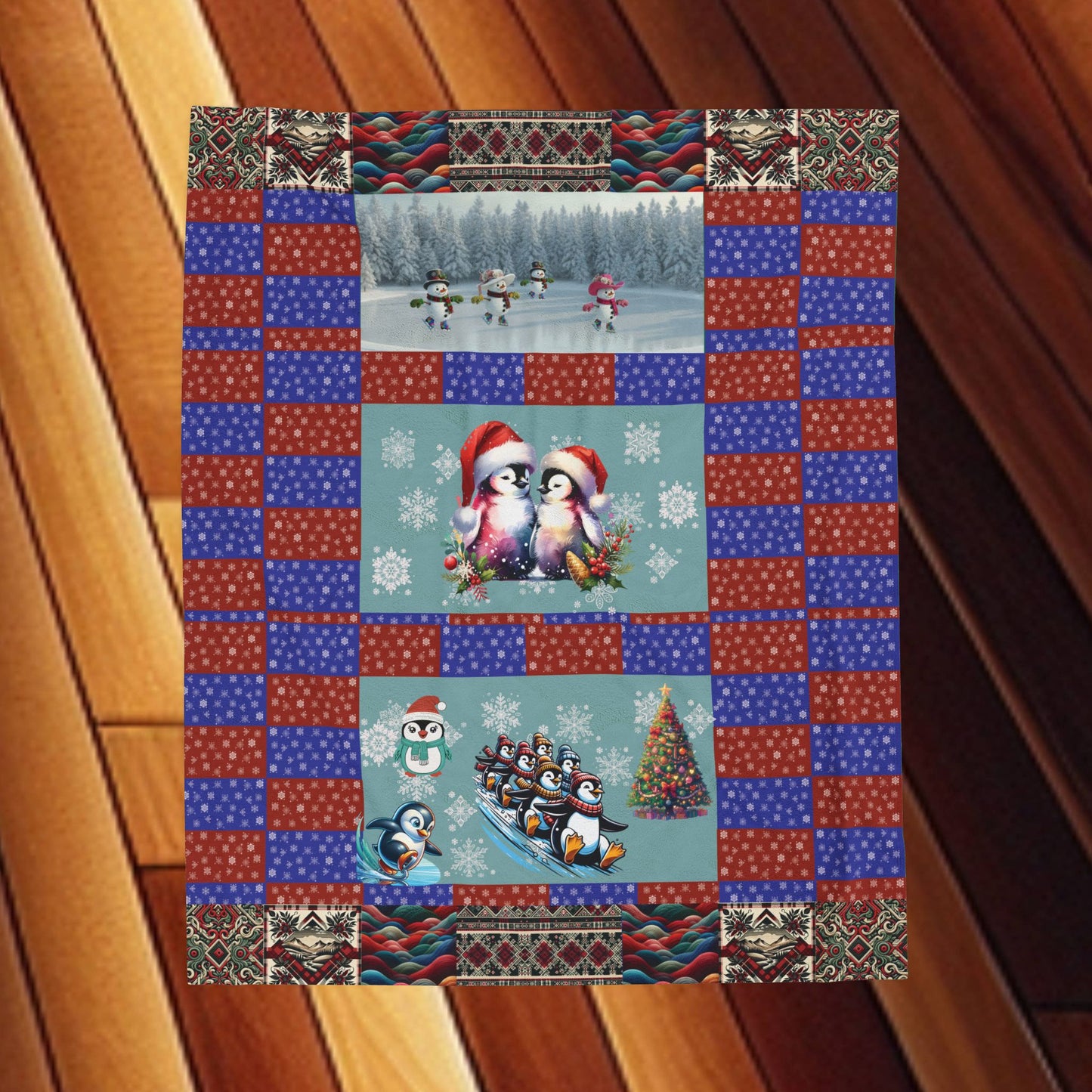 Winter Fun Velveteen Plush Blanket — Snowmen, Penguins & Birds in Love Throw