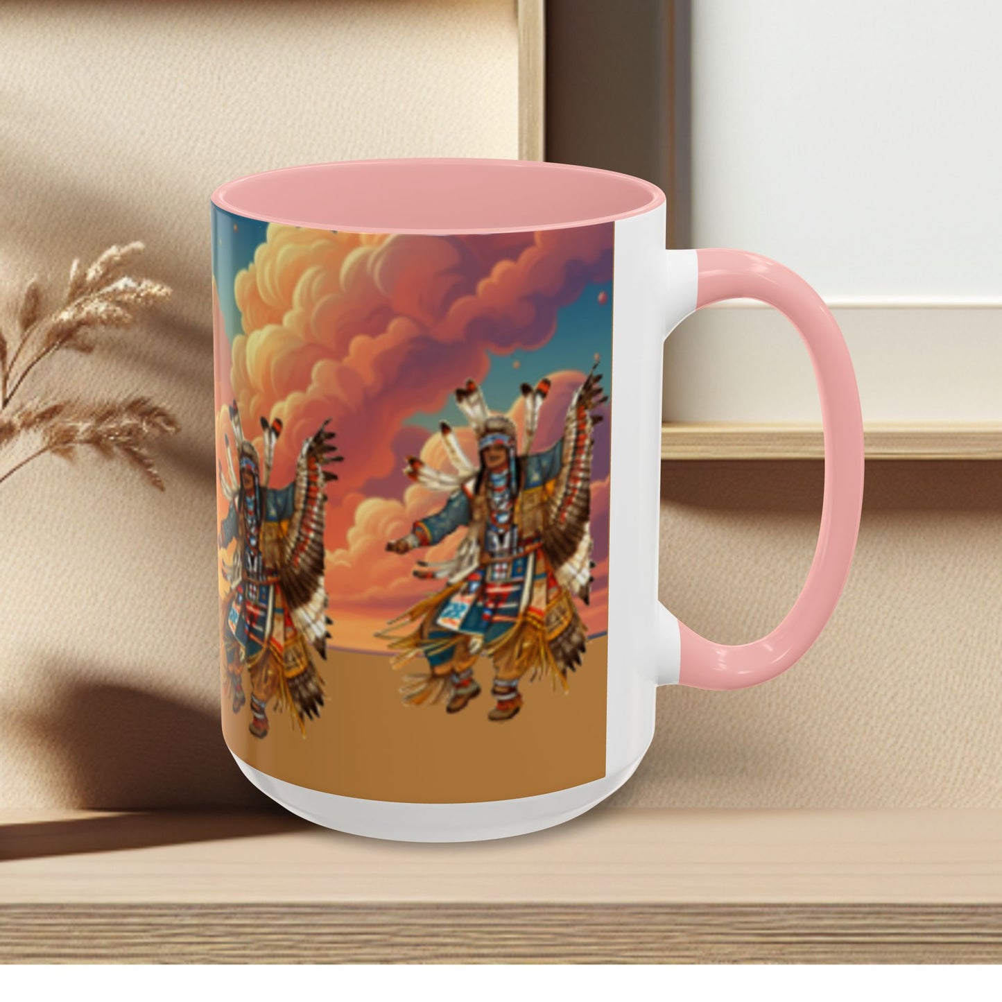 Sunset Powwow Ceramic Mug — Native American Dancer Accent Coffee Mug (11/15oz)