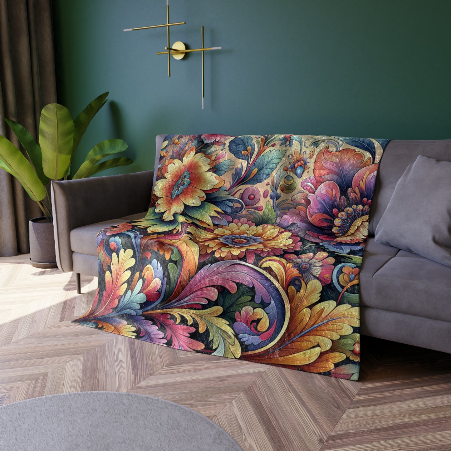 Vibrant Floral Crushed Velvet Blanket — Vibrant Floral Boho Throw for Cozy Home Décor
