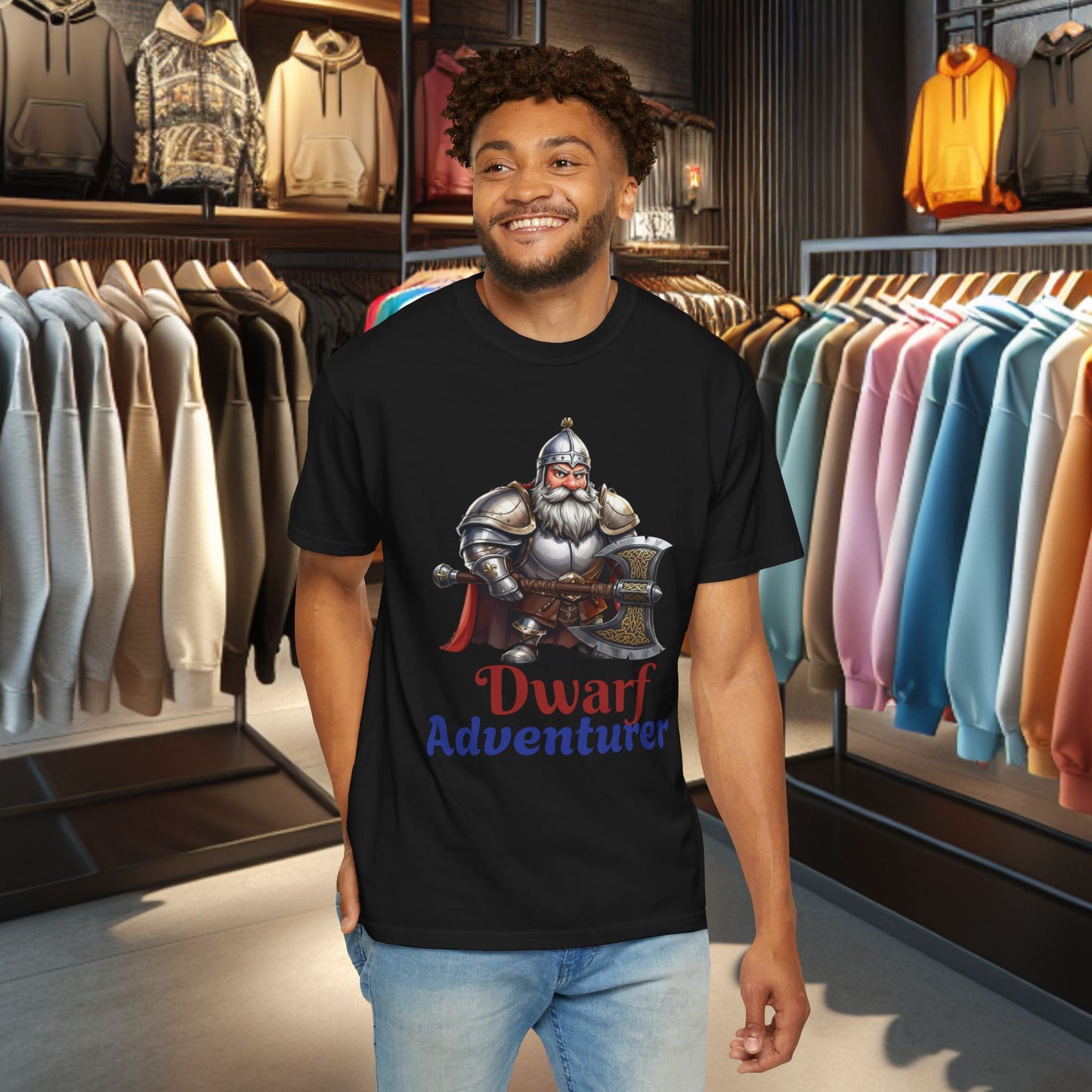 Dwarf Adventurer Tee — Dwarf with Armor and Battle Axe Graphic T-Shirt