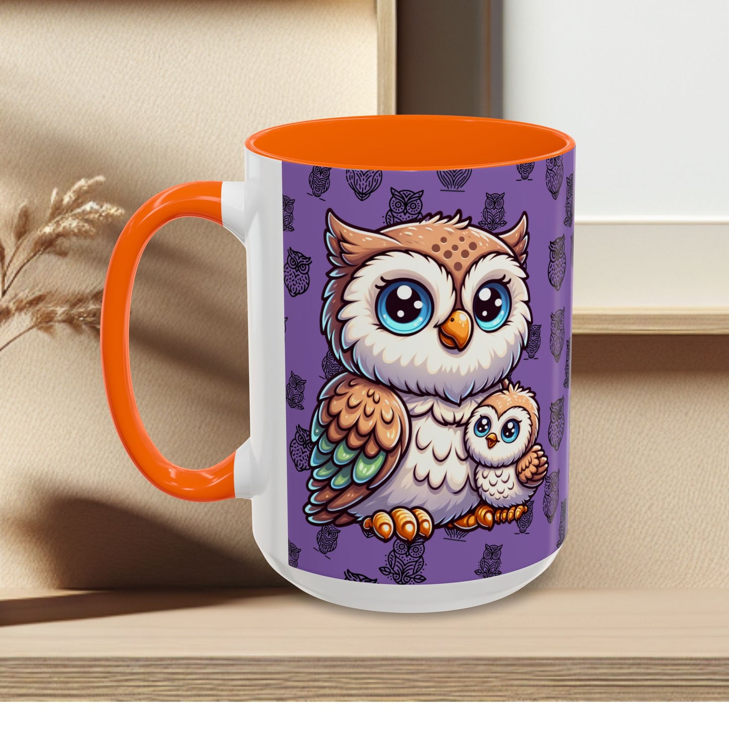 Purple Coffee Mug - Owl Family - Colorful Inspirational Owl Design