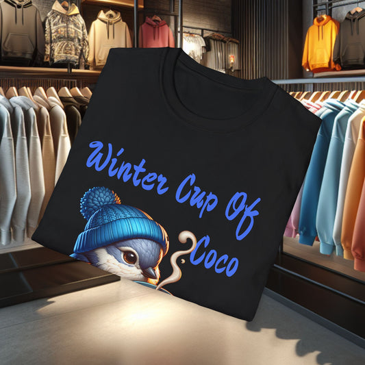Blue Bird With a Cup Of Coco Unisex T-Shirt - Winter Coco
