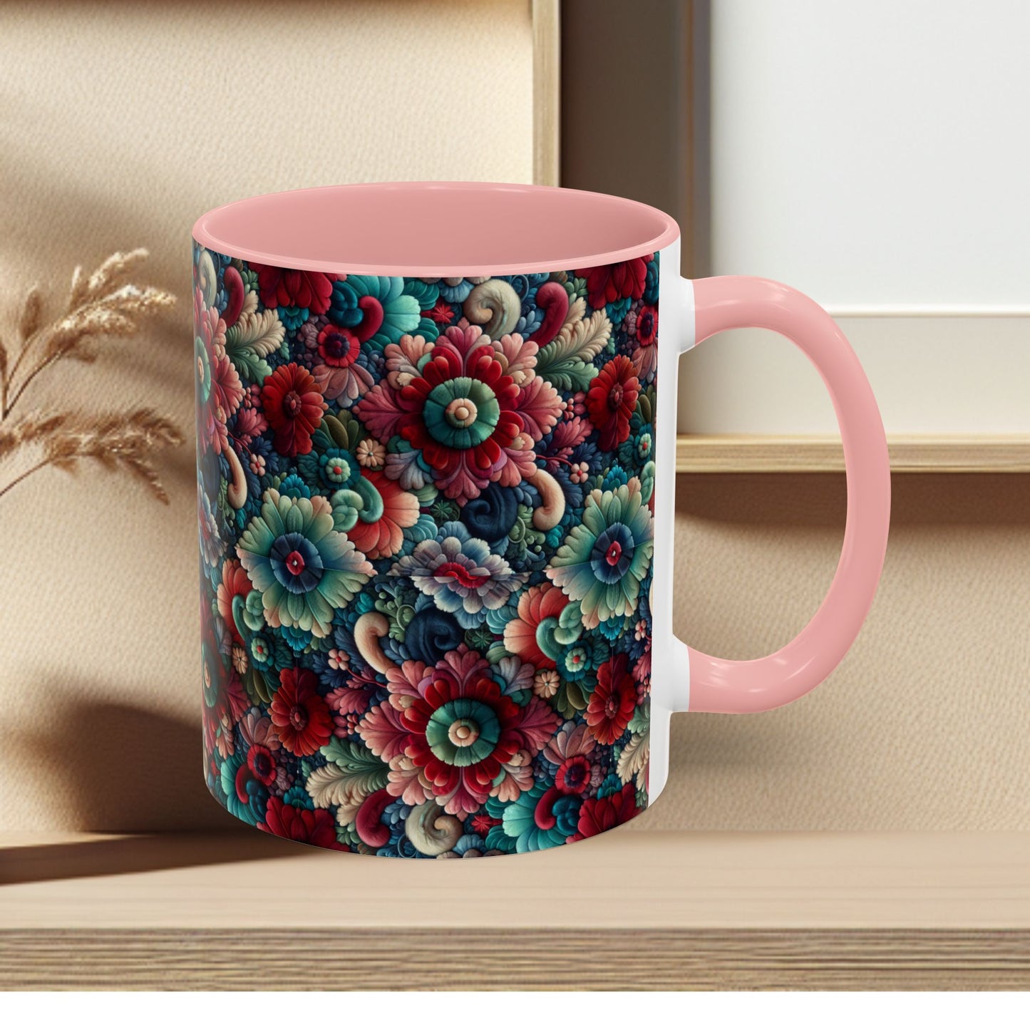 Beautiful Floral Pattern Accent Coffee Mug — Vibrant Vintage Bloom Design (11/15oz)