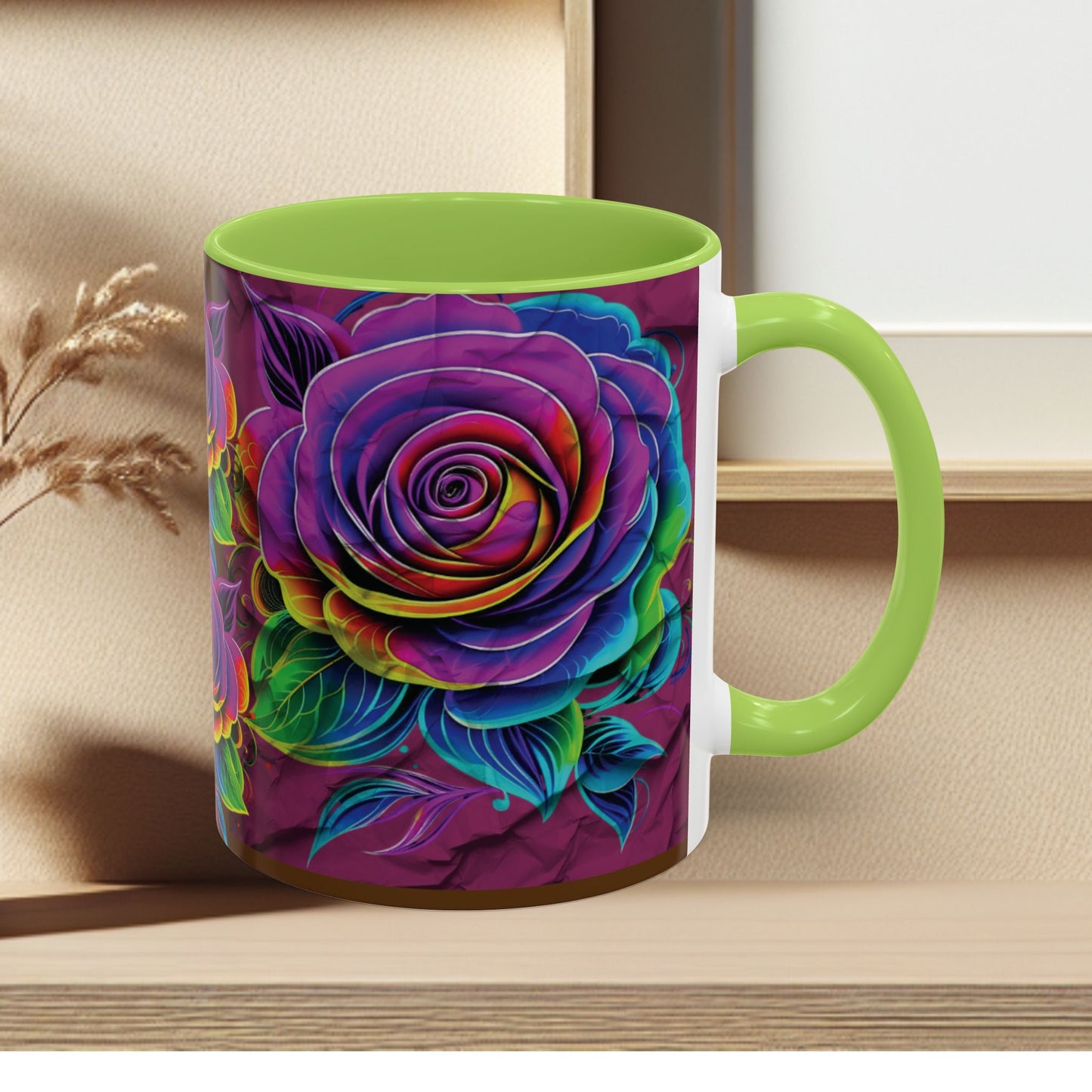 Rainbow Rose Accent Coffee Mug — Colorful Floral 11/15oz