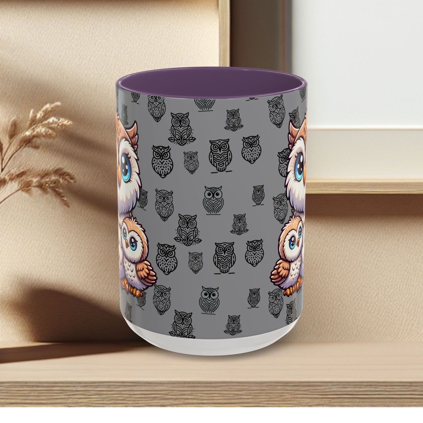 Gray Coffee Mug - Owl Family - Colorful Inspirational Owl Design