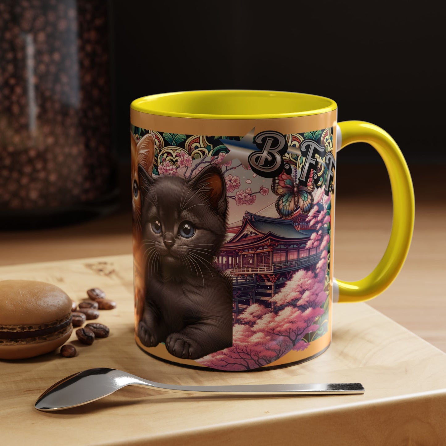 Mug - 3 B F F kittens and Butterflies Coffee Mug with Cherry Blossoms