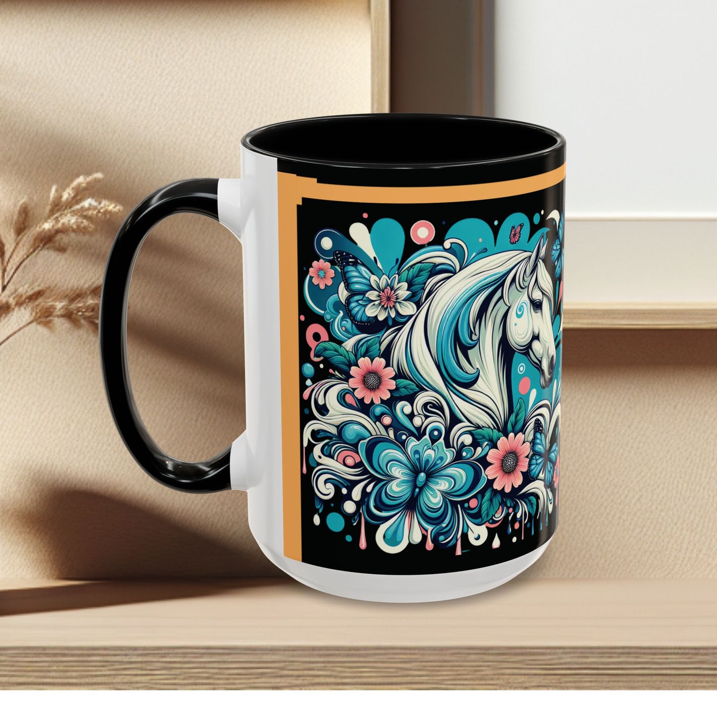Coffee Mug White Horses with Blue Highlights in Flowers - Mug