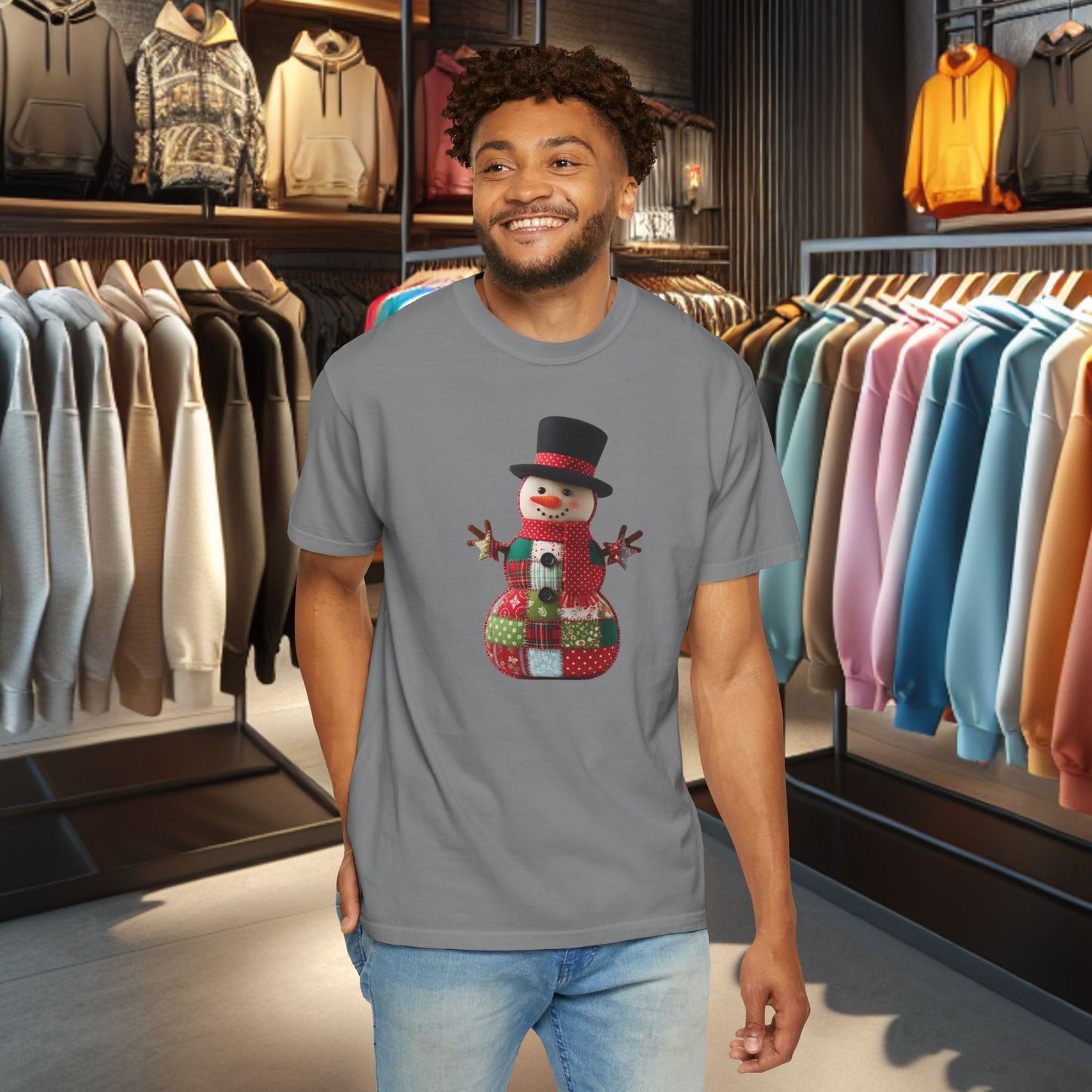 Patchwork Snowman T-Shirt — "Faux Patchwork" Garment-Dyed