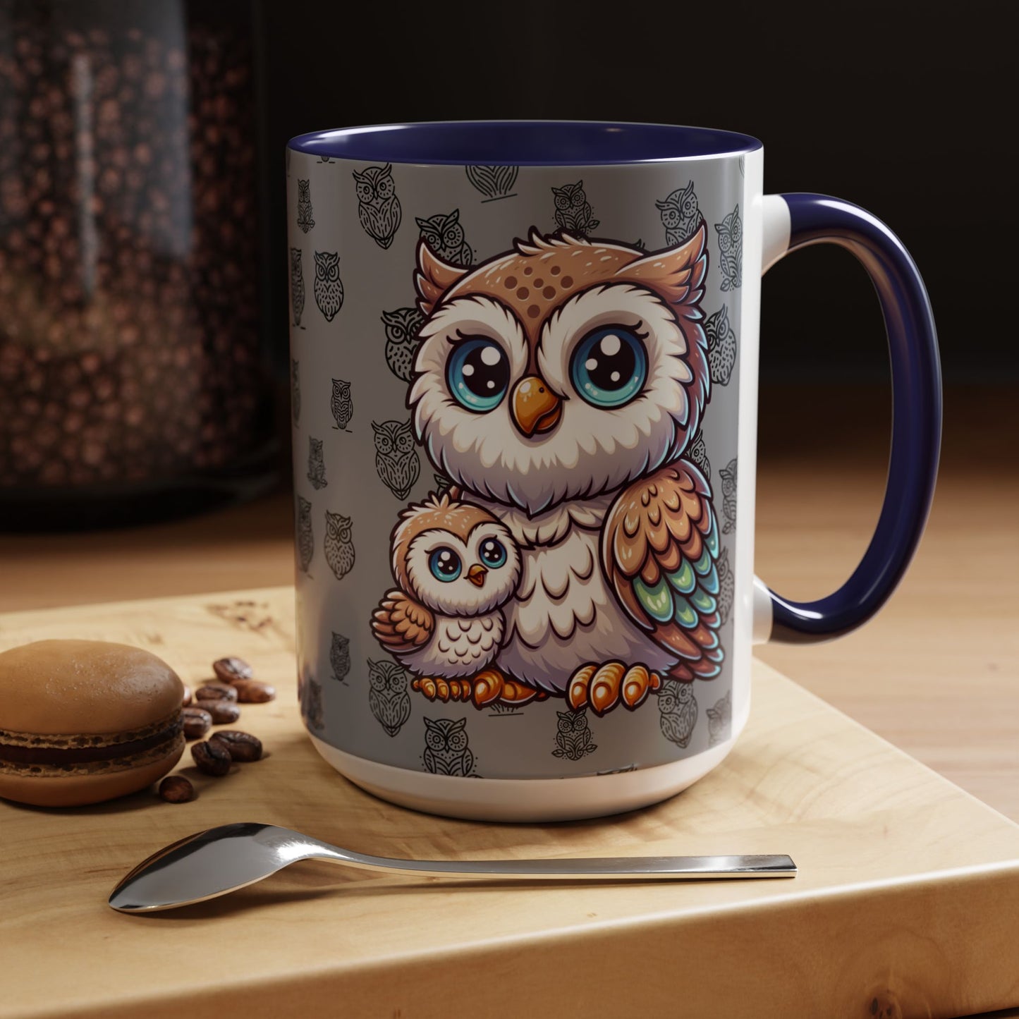 Gray Coffee Mug - Owl Family - Colorful Inspirational Owl Design