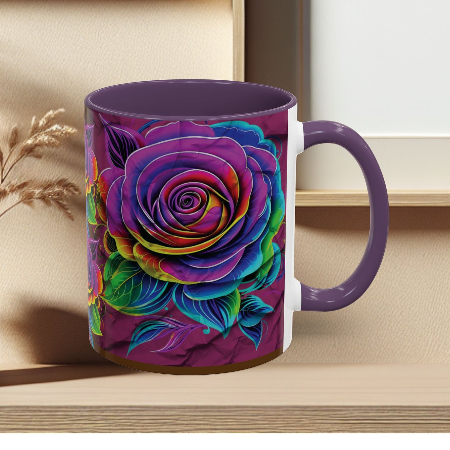 Rainbow Rose Accent Coffee Mug — Colorful Floral 11/15oz