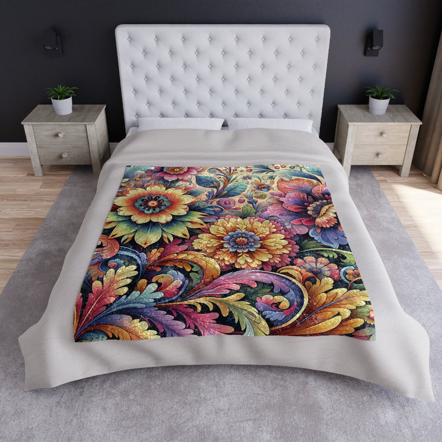 Vibrant Floral Crushed Velvet Blanket — Vibrant Floral Boho Throw for Cozy Home Décor