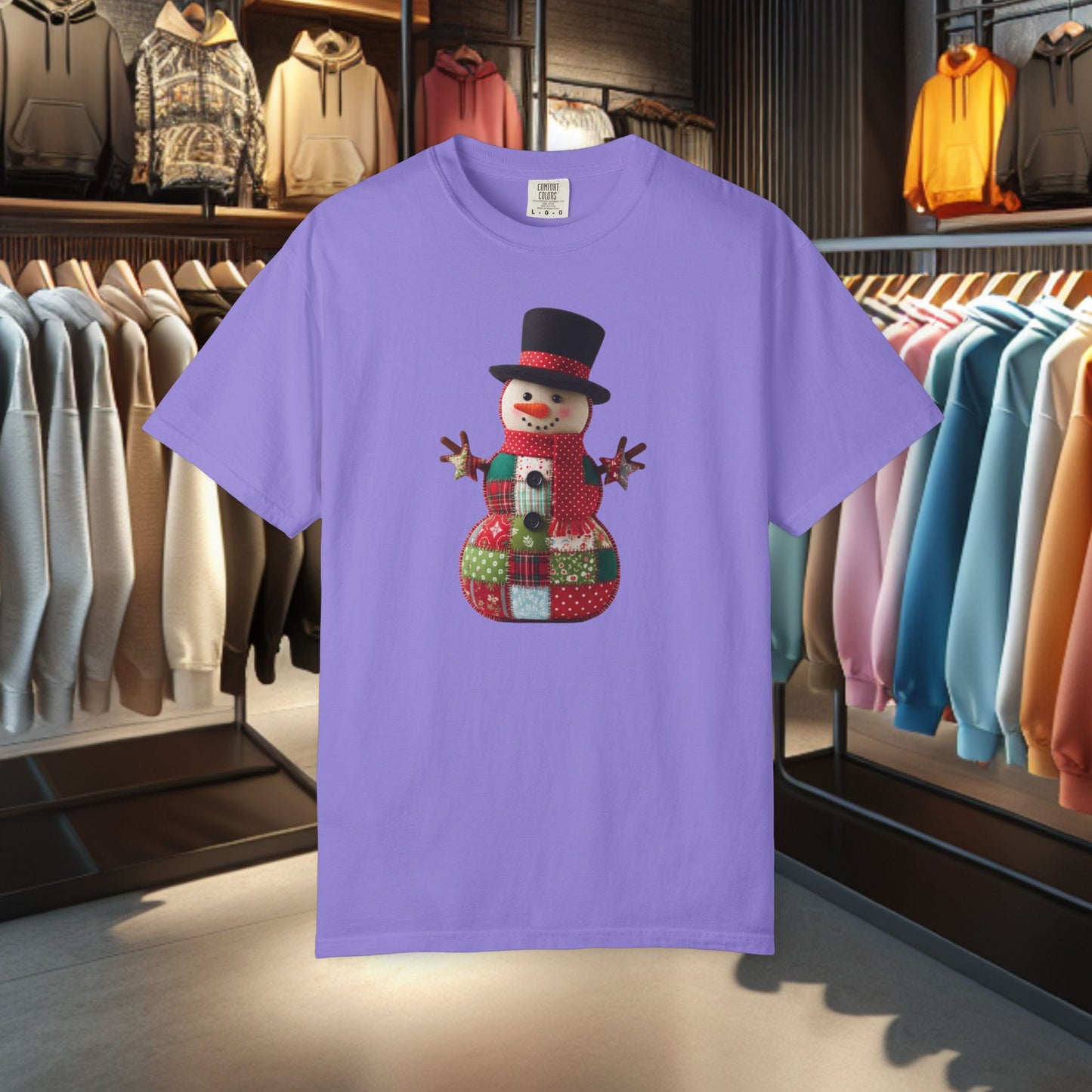 Patchwork Snowman T-Shirt — "Faux Patchwork" Garment-Dyed