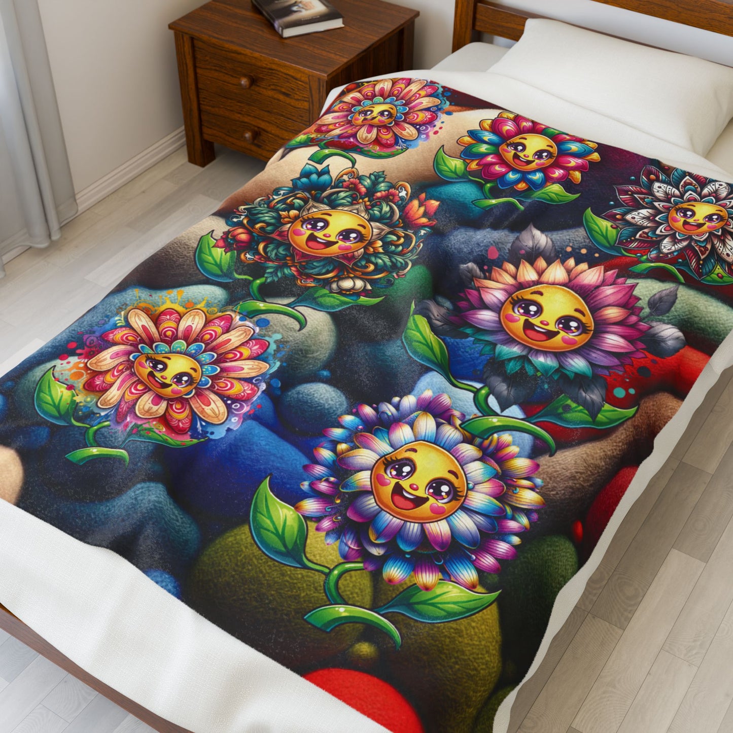 Happy Flowers Velveteen Plush Blanket - Happy Flowers Cozy Throw