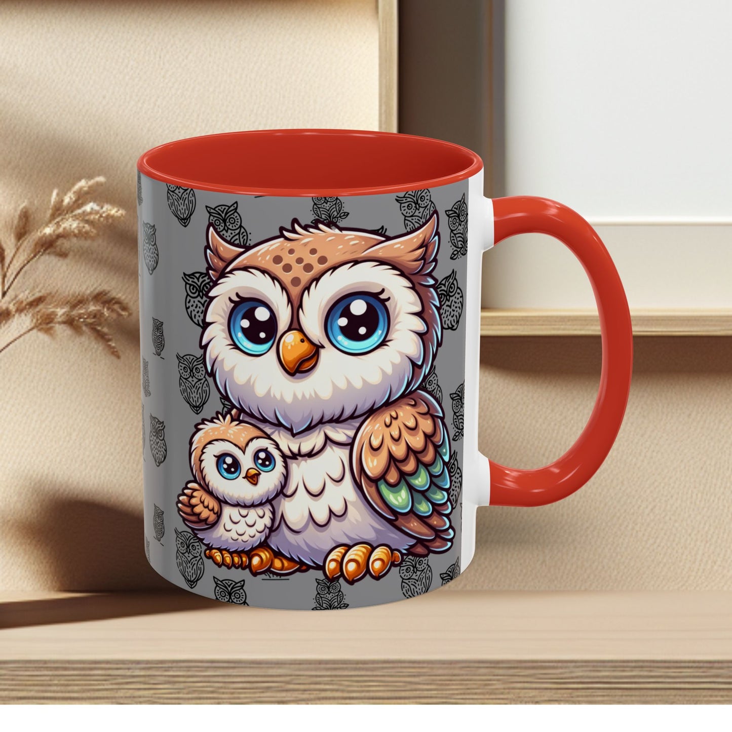 Gray Coffee Mug - Owl Family - Colorful Inspirational Owl Design
