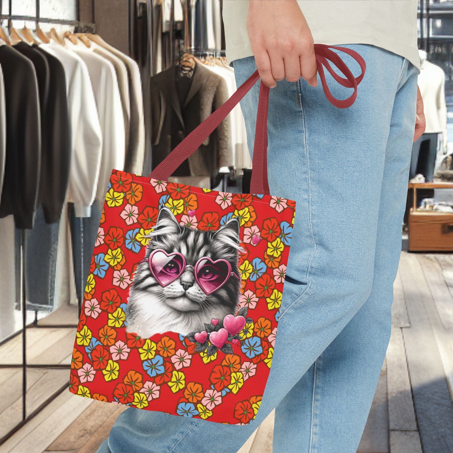 Kitty Ride Tote Bag with Flowered Red Design