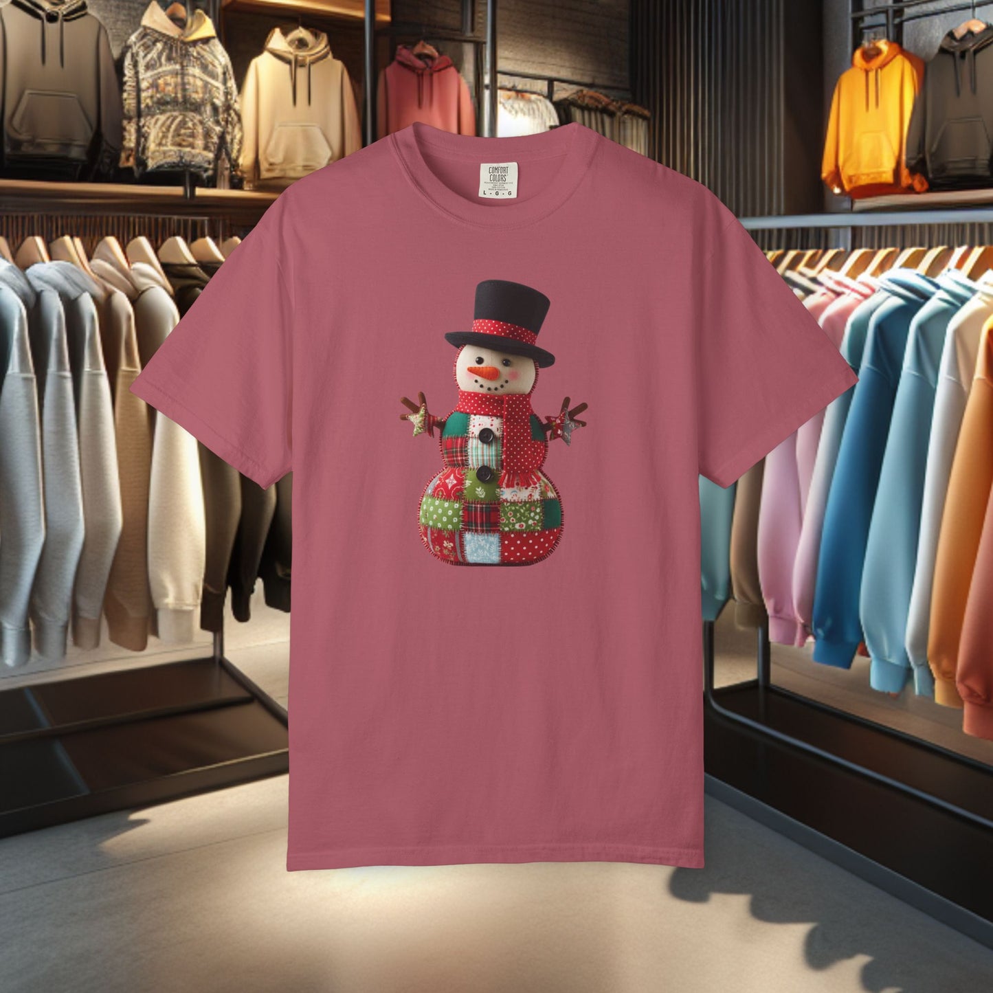 Patchwork Snowman T-Shirt — "Faux Patchwork" Garment-Dyed