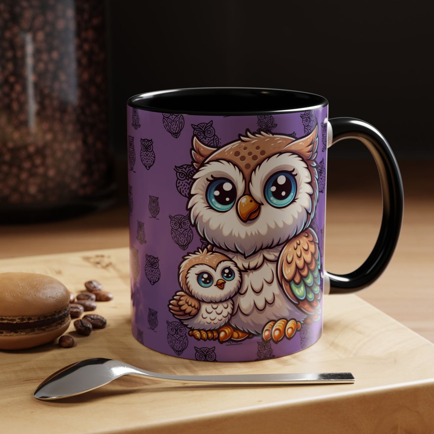 Purple Coffee Mug - Owl Family - Colorful Inspirational Owl Design
