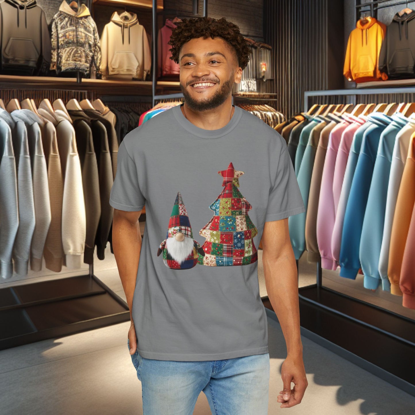 Patchwork Gnome and Christmas Tree, Garment-Dyed T-Shirt — pho Patchwork Festive Top