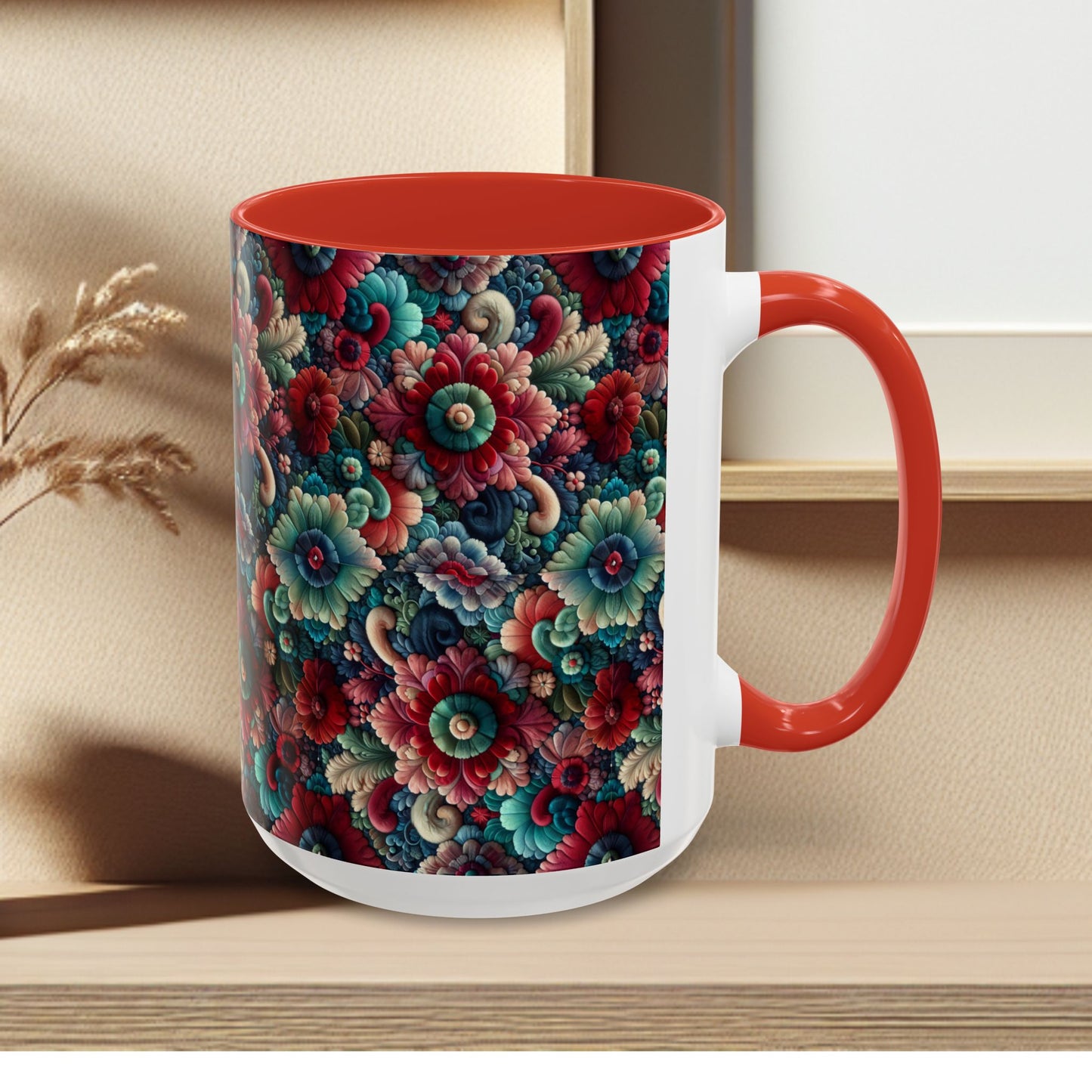 Beautiful Floral Pattern Accent Coffee Mug — Vibrant Vintage Bloom Design (11/15oz)