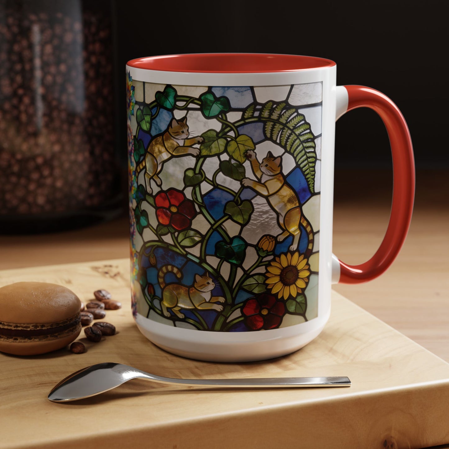 Stained Glass Cats Accent Coffee Mug – Floral Tiffany-Style 11/15oz